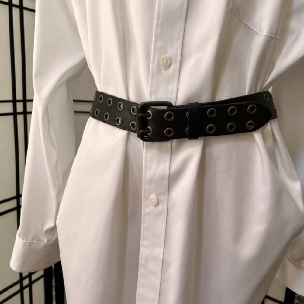 Vintage Brown Leather Belt Gold Brass Rivets